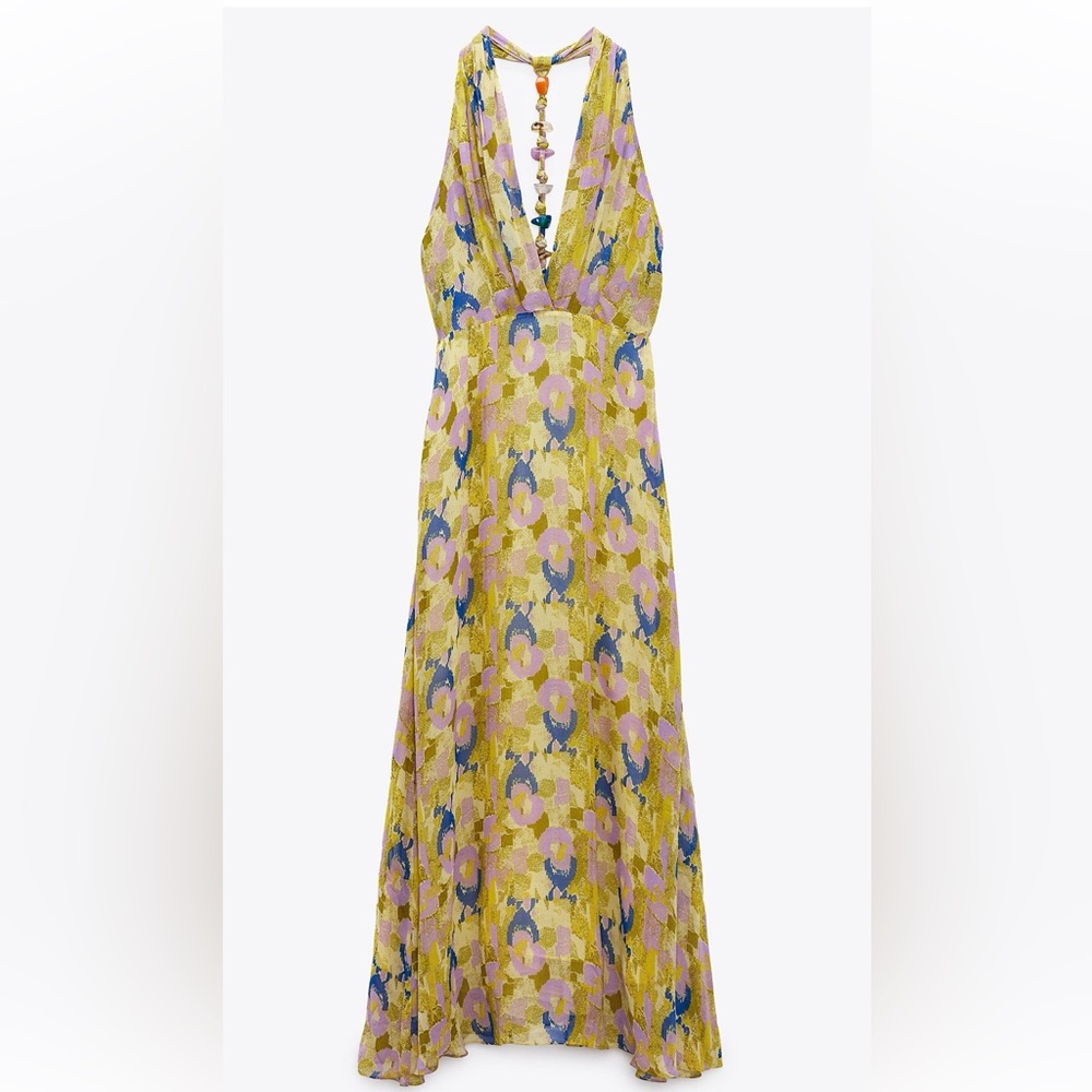 Zara floral Yellow and Purple Halter Dress with beaded detail on back